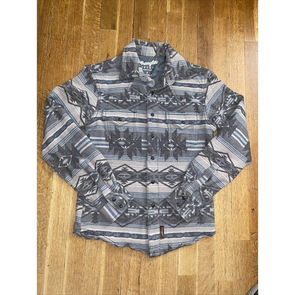 Wrangler Retro Premium Shirt Men's Small Gray Cotton Western Snap Jacquard Aztec